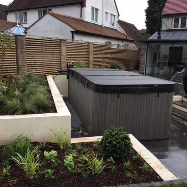 Modern Garden with Swim Spa & Outdoor Kitchen